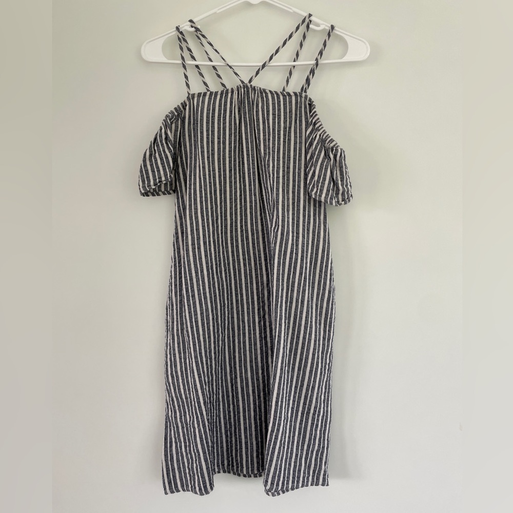 Lush Nordstrom Blue White Stripe Strappy Off Shoulder Linen Dress POCKETS XS